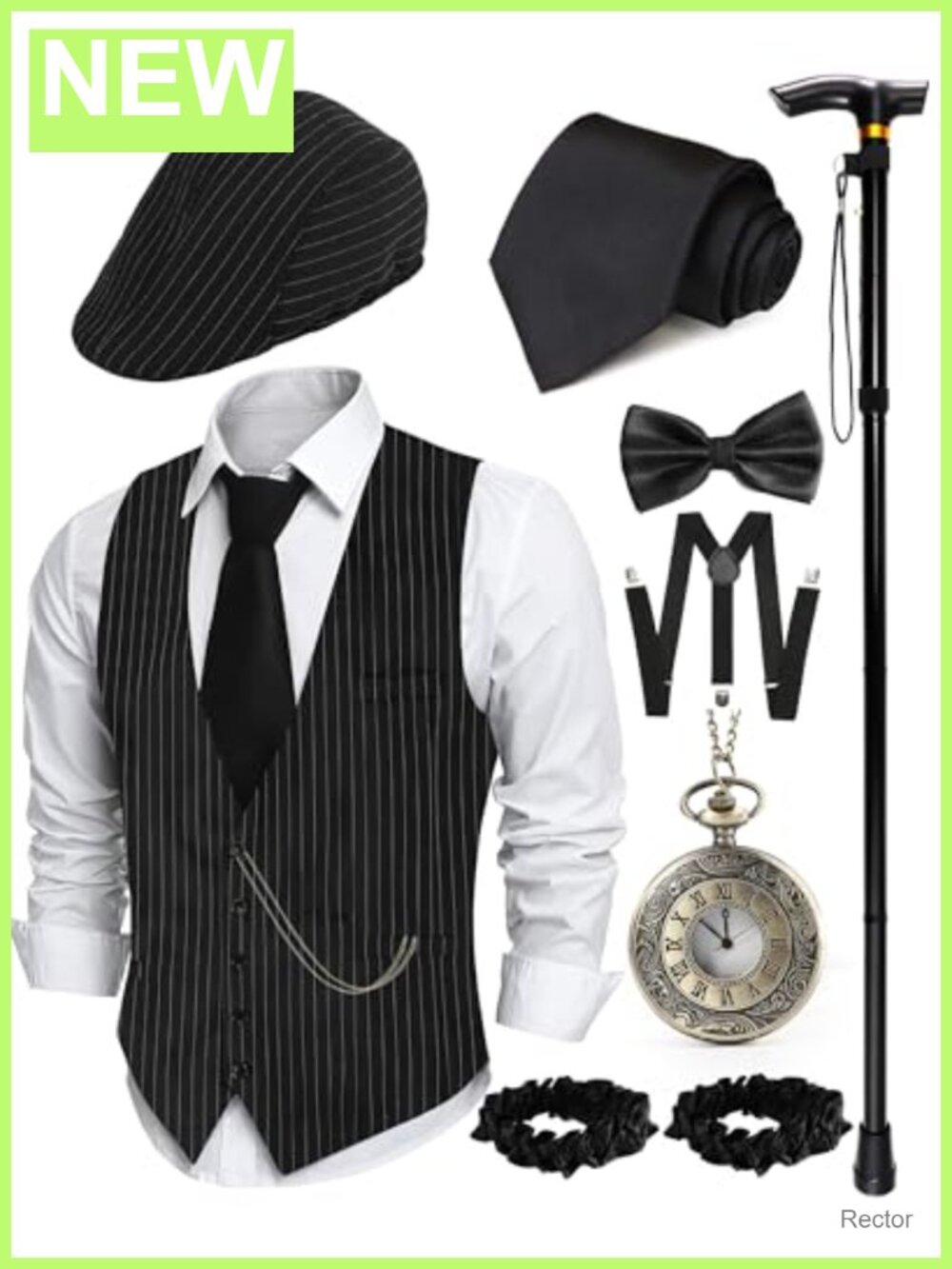 1920s Men's Costume Set with Cane Vest Hat Accessories